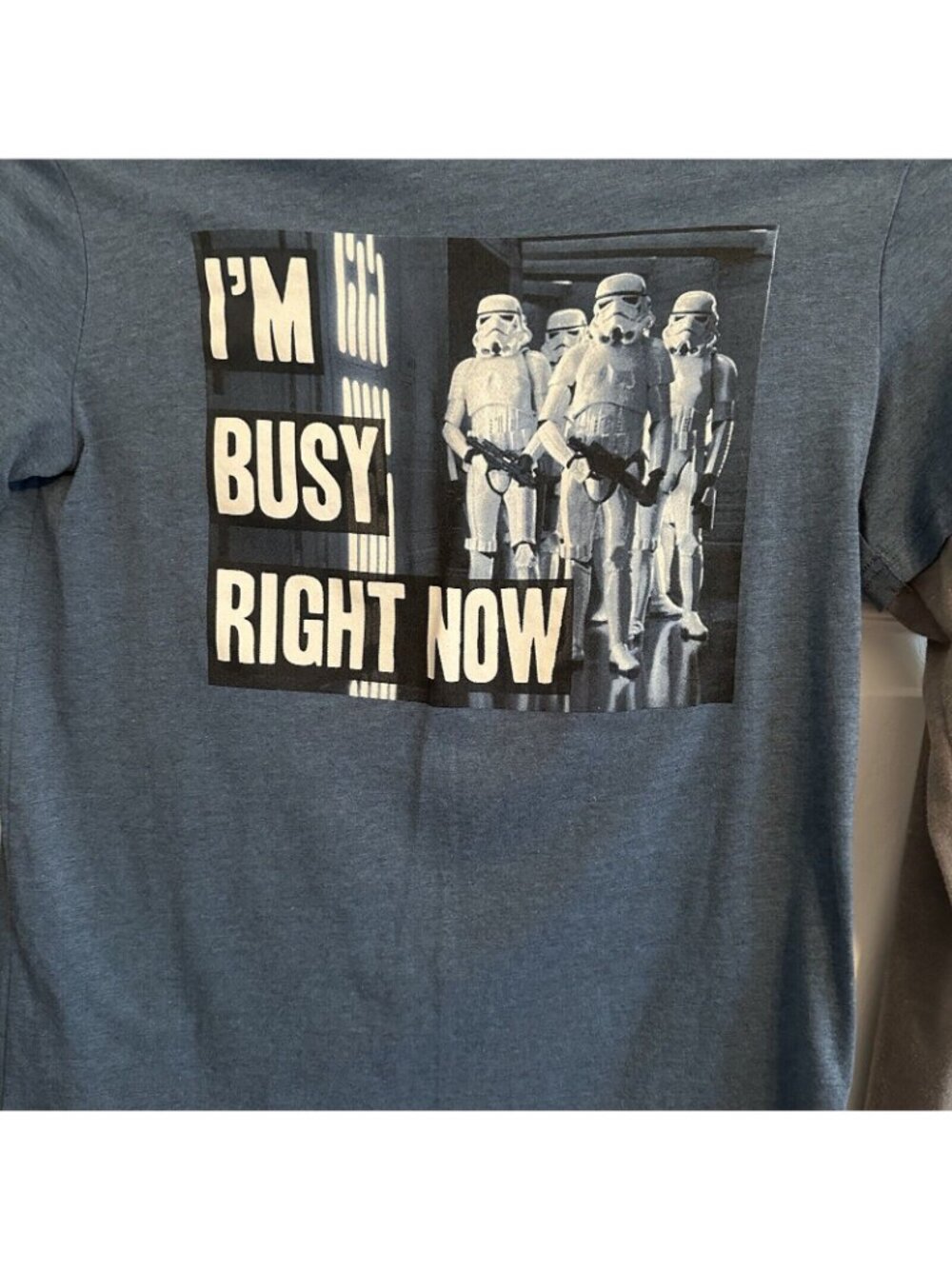 Storm Trooper Tee Youth 2XL Blue Grey I’m Busy Right Now Star Wars Long Sleeve - Picture 3 of 10